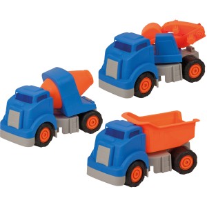 Happy People Sandspielzeug LKW, 3-fach sortiert: Betonmischer, Kipper, Bagger in Blau und Orange.
