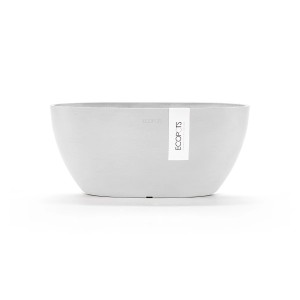 Weiße Ecopots Pflanzschale Sofia, 30x130x135 cm, ideal für Fensterbänke und Innenräume.