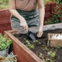 Frau pflanzt mit schwarzer Fiskars Solid Blumenkelle im Hochbeet. Gartenhandgerät für Kübel und Beete.