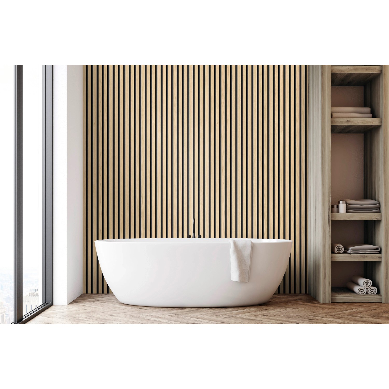 Badezimmer mit Grosfillex Wandverkleidung Element 3D Optik Linio Ash als Akzentwand.