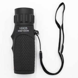 Schwarzes Technaxx Monokular TX-176 mit 10x Vergrößerung und Trageschlaufe.