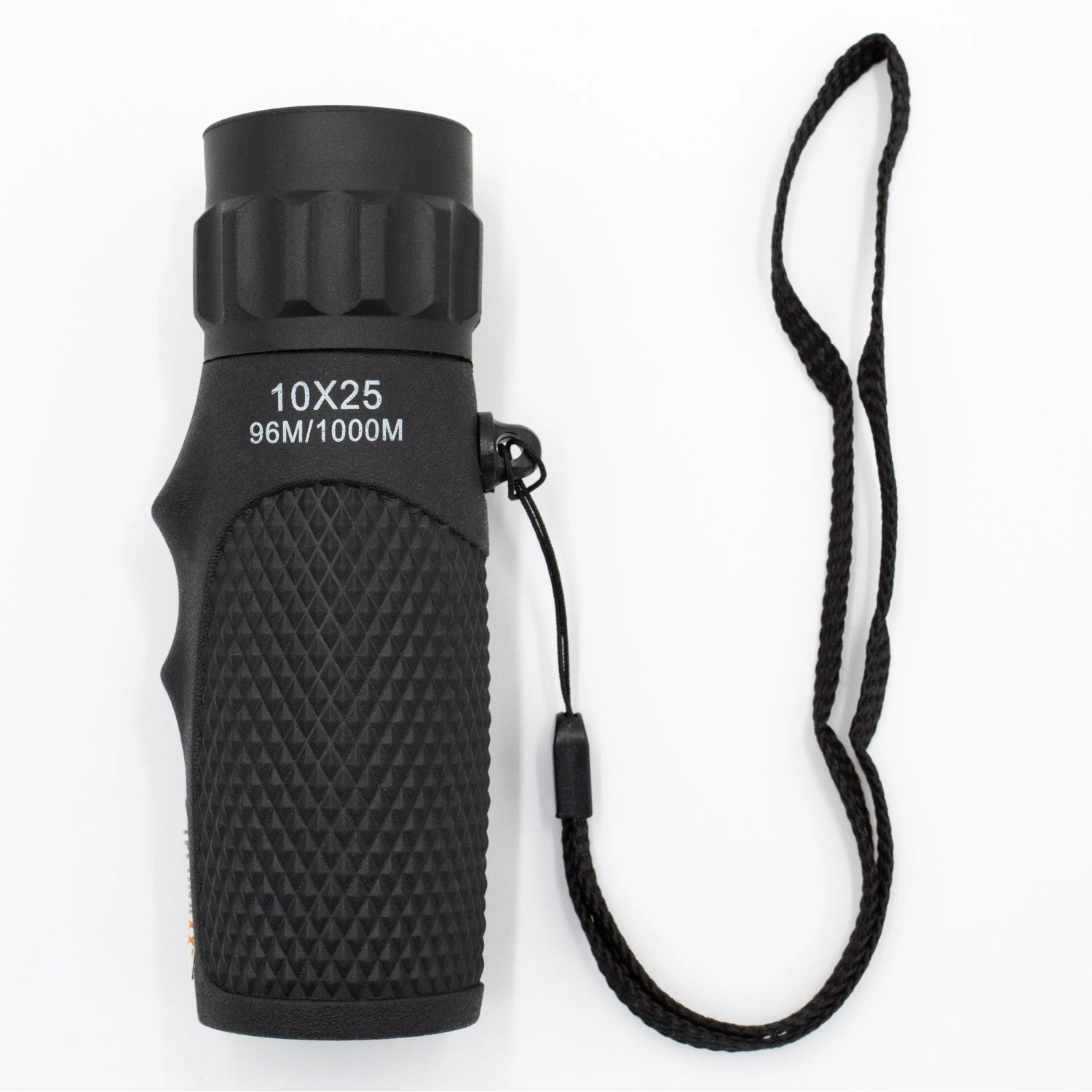 Schwarzes Technaxx Monokular TX-176 mit 10x Vergrößerung und Trageschlaufe.