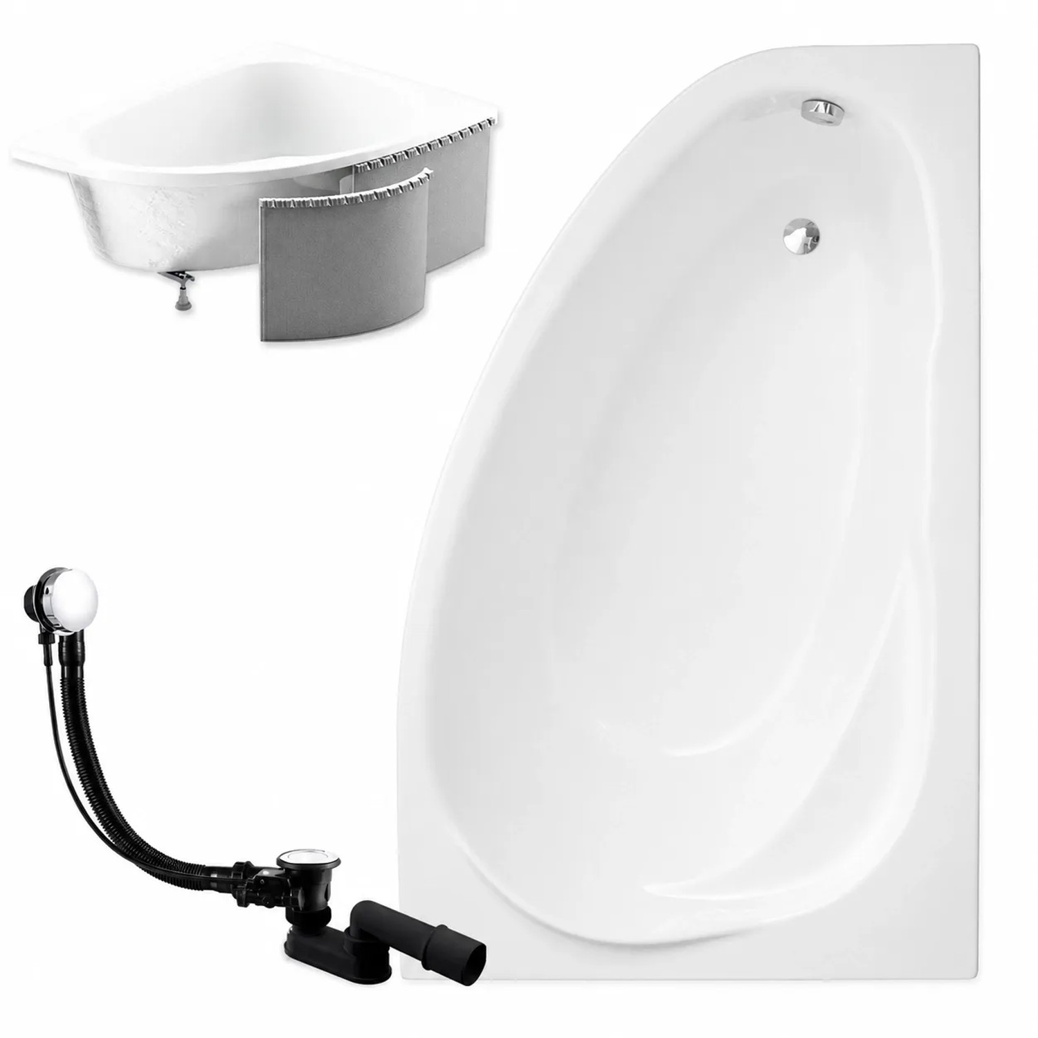 KOLMAN Badewanne Eckwanne 160 x 100 Cm Rechts Mit Styroporverkleidung Inkl. Ablauf Und Füße