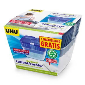 UHU Luftentfeuchter Original 450g mit Nachfüller, zur Reduzierung der Luftfeuchtigkeit in Innenräumen.