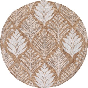 Runder Jute Teppich in Natur-Beige mit weißem Pflanzenmuster, Ø 100 cm.