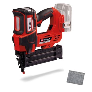 Einhell Akku-Nagler Fixetto 18/50 N: Rote Akku-betriebene Nagelpistole mit Nägeln.