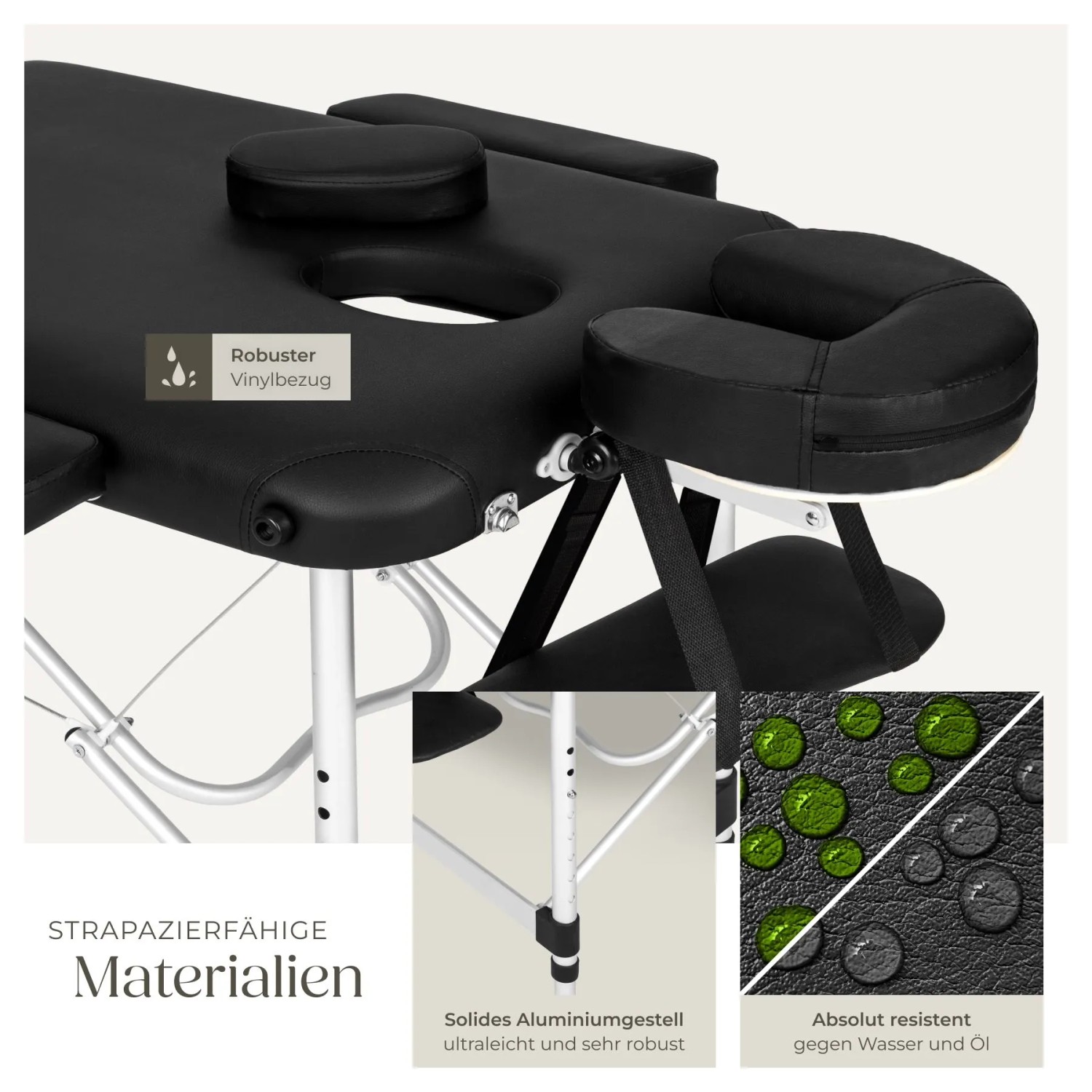 Schwarze Tectake Massageliege mit Kopfstütze und Alugestell. Ideal für Wellness und Entspannung.
