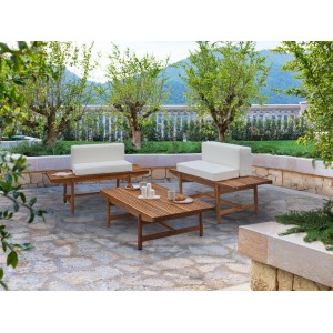 Beliani Lounge Set GIAVENO in Cremeweiß: Gartenmöbel Set mit 2 Bänken und Couchtisch aus Akazienholz.