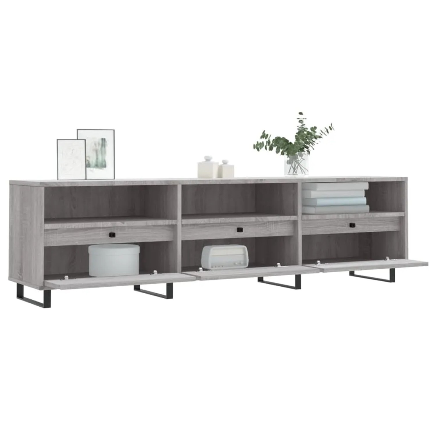 VidaXL TV-Schrank Grau Sonoma, 150 cm breit, mit Fächern und schwarzen Metallbeinen.