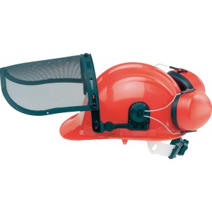 Forsthelm-Kombination in Rot-Schwarz mit Visier und Gehörschutz für optimalen Kopfschutz.