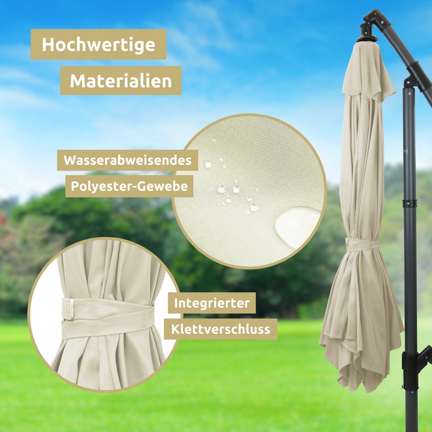 deluxe4home Ampelschirm, 270cm, Creme, mit Details zu Material und Verschluss.