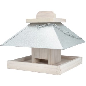Weißes Vogelhaus aus Holz mit Metalldach, 24x26x24 cm, hängend.