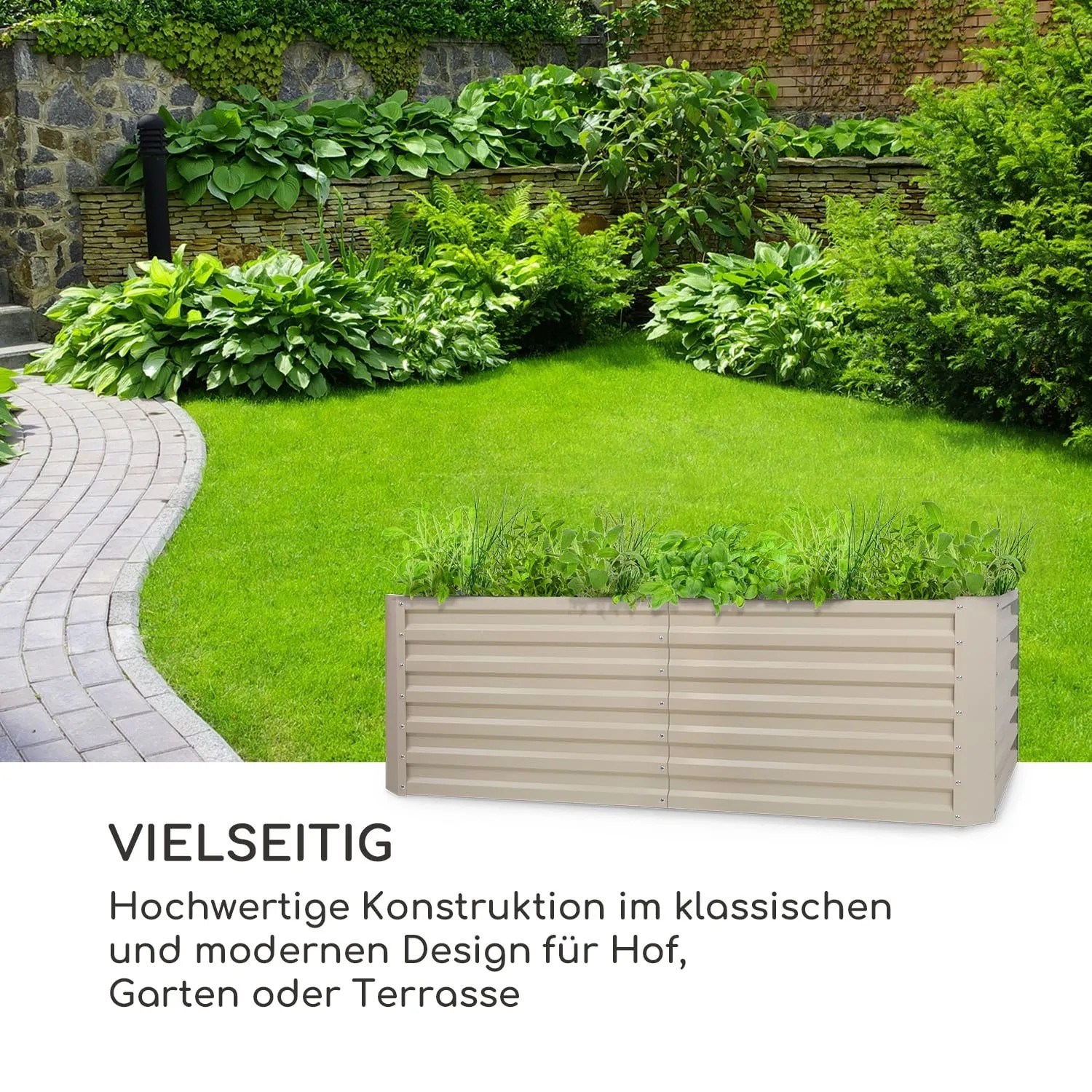 Rechteckiges, sandfarbenes Blumfeldt High Grow Straight Hochbeet (200x60x100 cm) im Garten.