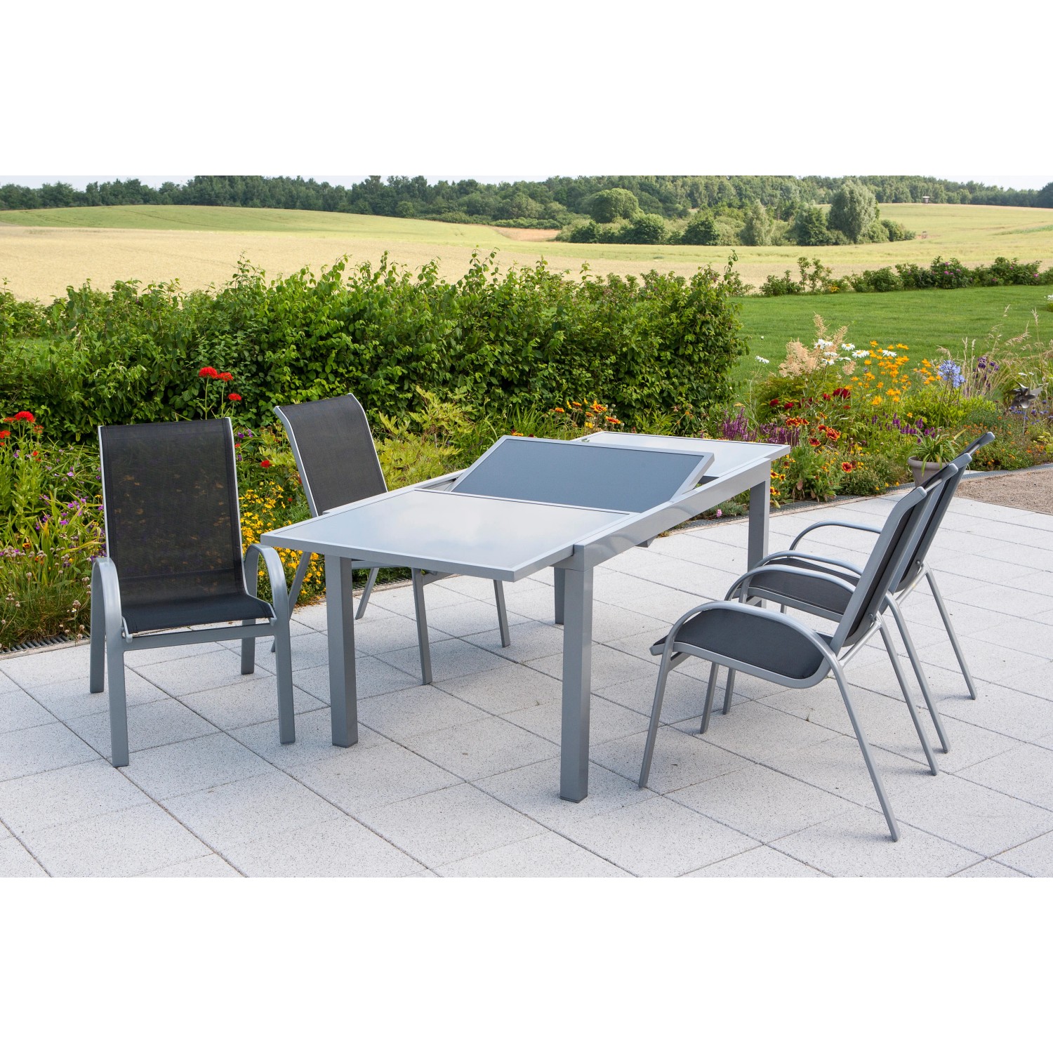 Schwarzes 5-tlg. Gartenmöbel-Set Amalfi mit Ausziehtisch (160/220x90cm) und 4 Stühlen.