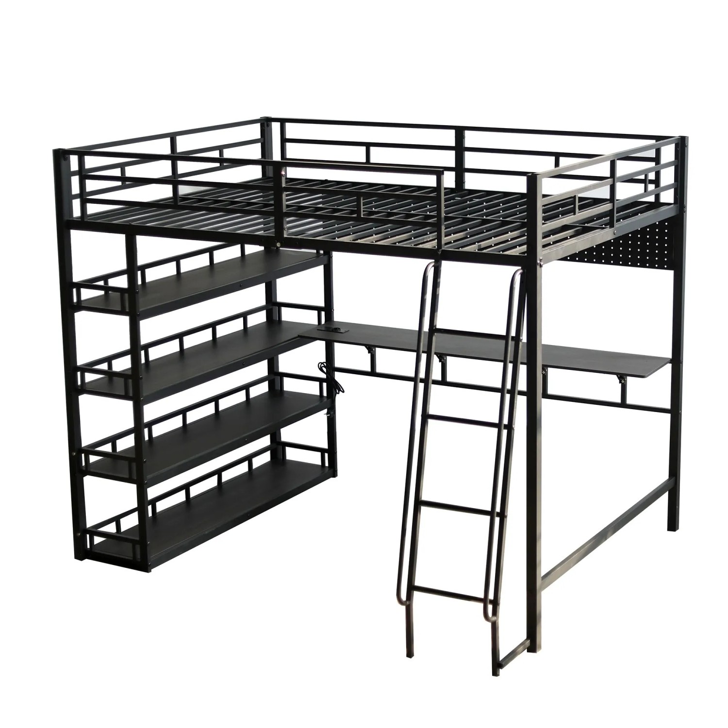 okwish Metall Hochbett 140x200cm mit Ablagen Ladeanschluss und Schrägleiter Schwarz ohne Matratze