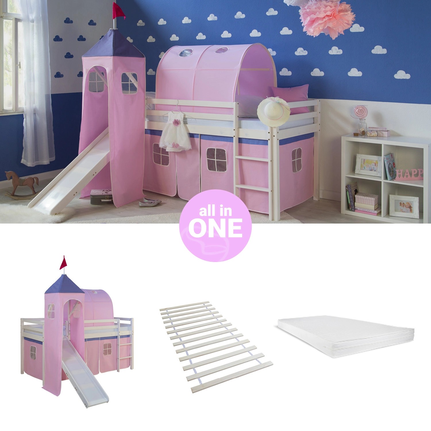 Homestyle4u Hochbett 90x200 mit Vorhang Lattenrost Matratze Rutsche Tunnel Turm Weiß 2561