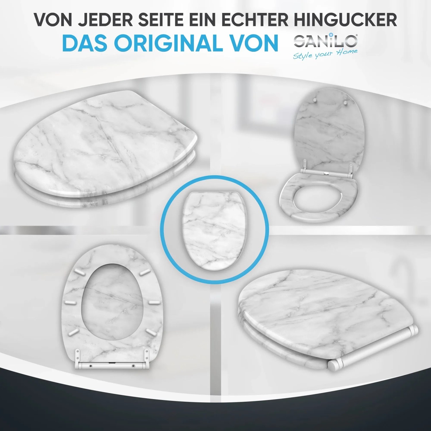 SANILO WC-Sitz Marmor mit Absenkautomatik und Top-Fix-Befestigung, verschiedene Ansichten.