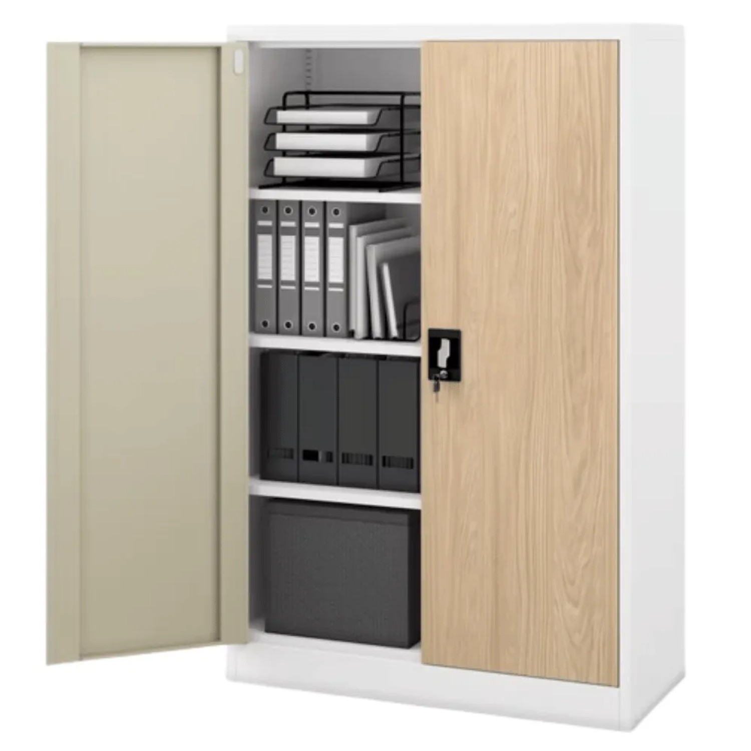 JAN NOWAK Aktenschrank Abschließbar KEVIN mit Flügeltüren 140 x 90 x 40 cm Weiß-Sonoma Eiche