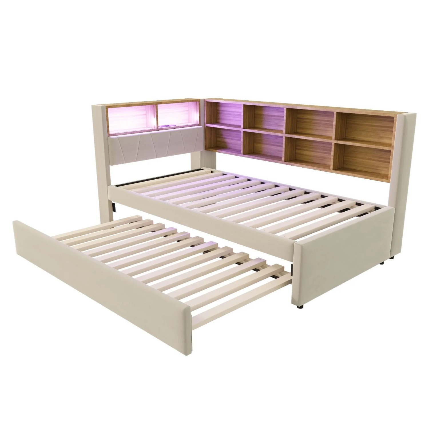 Merax Schlafsofa 90x200cm Ausziehbett LED Flanell Beige