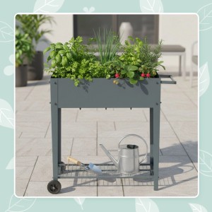 Anthrazitfarbenes Metall-Hochbeet mit Kräutern, Rädern und Gitterablage für Balkon und Garten.