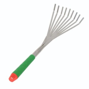 Kleiner Galaflor Laubrechen aus Stahl mit 9 Zinken, grünem Kunststoffgriff und roter Kappe.