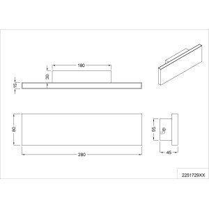 Skizze der rostfarbigen Trio LED-Wandlampe Concha, 2-flammig, mit Maßen.