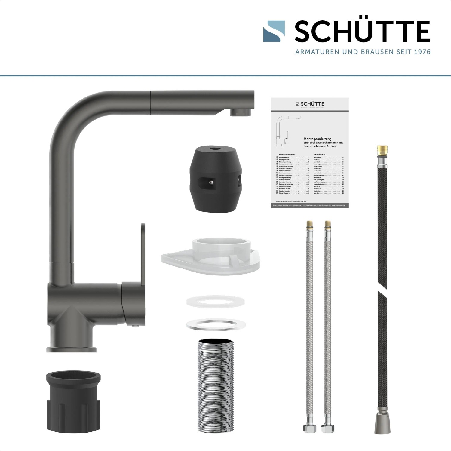 Schütte Spültischarmatur London Graphit Matt mit Zubehör und herausziehbarem Auslauf.
