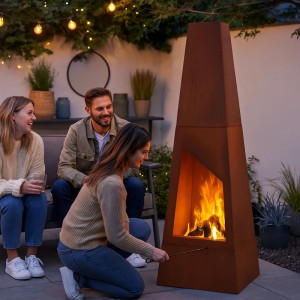 Relaxdays Gartenkamin aus Cortenstahl mit Feuer und Personen im Garten.