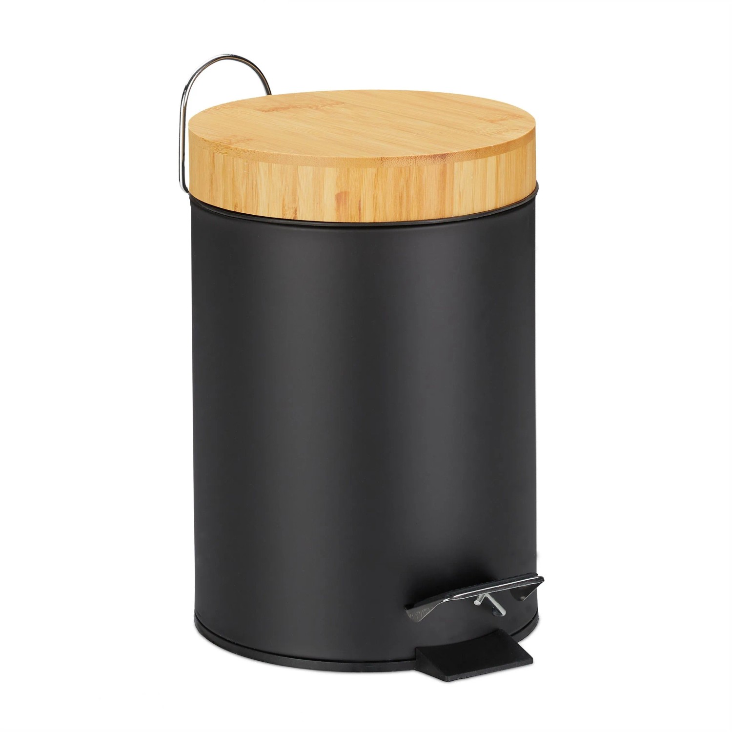 Relaxdays Mülleimer Stahl Bambus Schwarz mit Trittpedal Absenkautomatik 24,5 cm x 17 cm x 23 cm 650 g