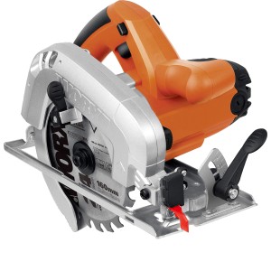 Worx Handkreissäge WX425 mit orangem Gehäuse und silberner Schutzvorrichtung.