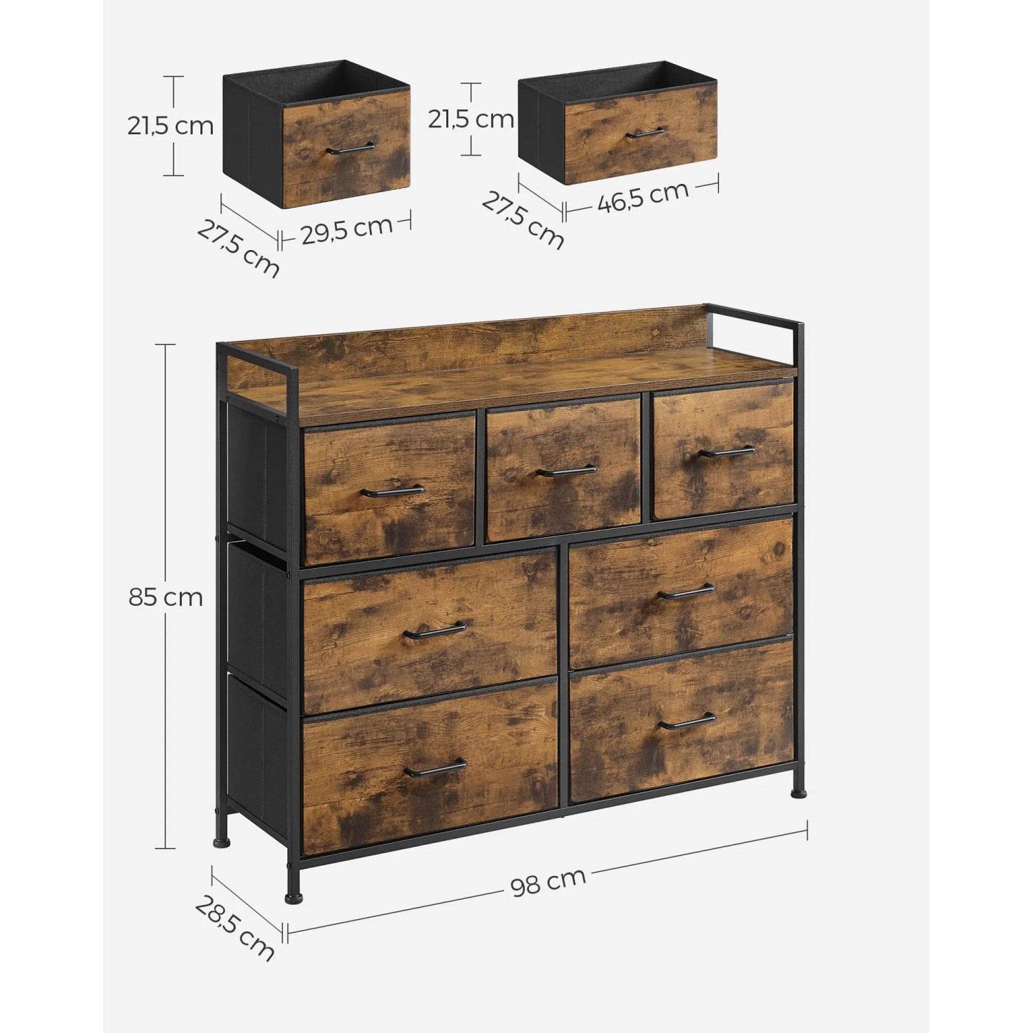 Songmics Kommode in Braun-Schwarz mit 7 Stoffschubladen und Metallgestell. Wohnzimmerschrank.