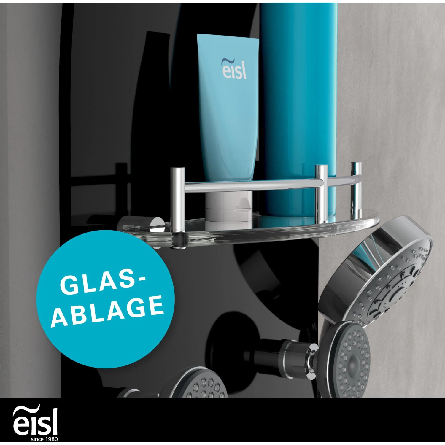 Eisl Duschpaneel Karibik schwarz mit Regendusche und Glasablage.