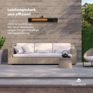 Schwarzer Blumfeldt Gold Bar Slim 2000W Terrassenheizstrahler mit 9 Heizstufen an Wand montiert.