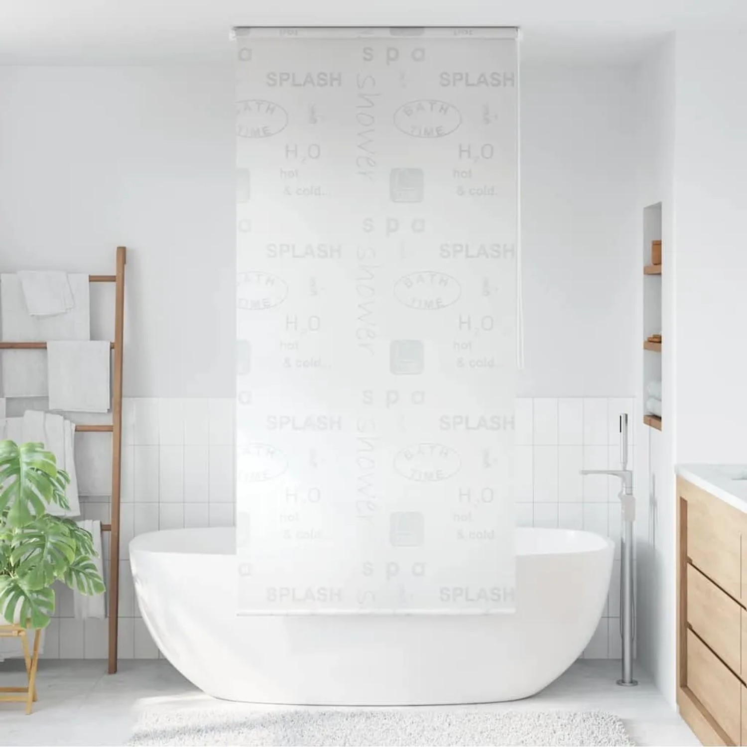 VidaXL Duschrollo 100x240 cm mit Splash-Design im Badezimmer. Praktischer Duschvorhang als Spritzschutz.