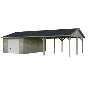 Graue Palmako Garage Roger mit Sektionaltor und Carport aus Holz.