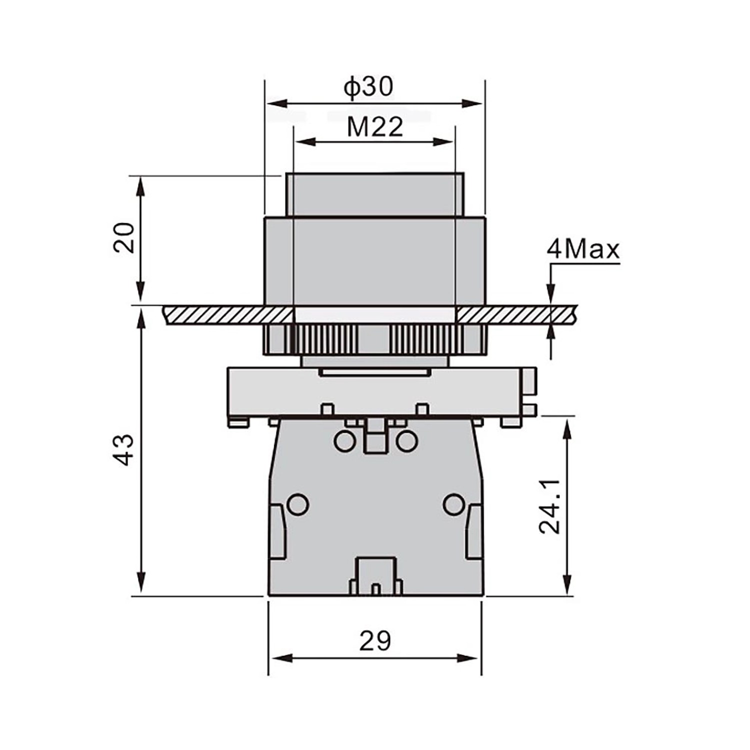 Technische Zeichnung: Sintron Drucktaster Rot, erhabene Taste, Maße und Details für Schalterprogramme.