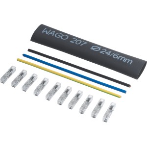 Wago Leitungsreparatur-Set mit Schrumpfschlauch, Aderleitungen und 10 Durchgangsverbindern.