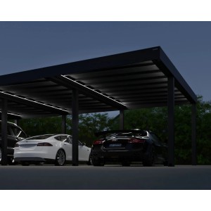 Canopia Carport Oslo, 1195x596 cm, Alu schwarz, Paneele grau, mit drei parkenden Autos.