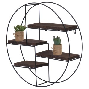 BERLINLODGE Wandregal Rund HxBxT 45x45x11cm 4 Regalböden Metall Massiv-Holz Industrial Dunkelbraun Hängeregal Schweberegal Regal