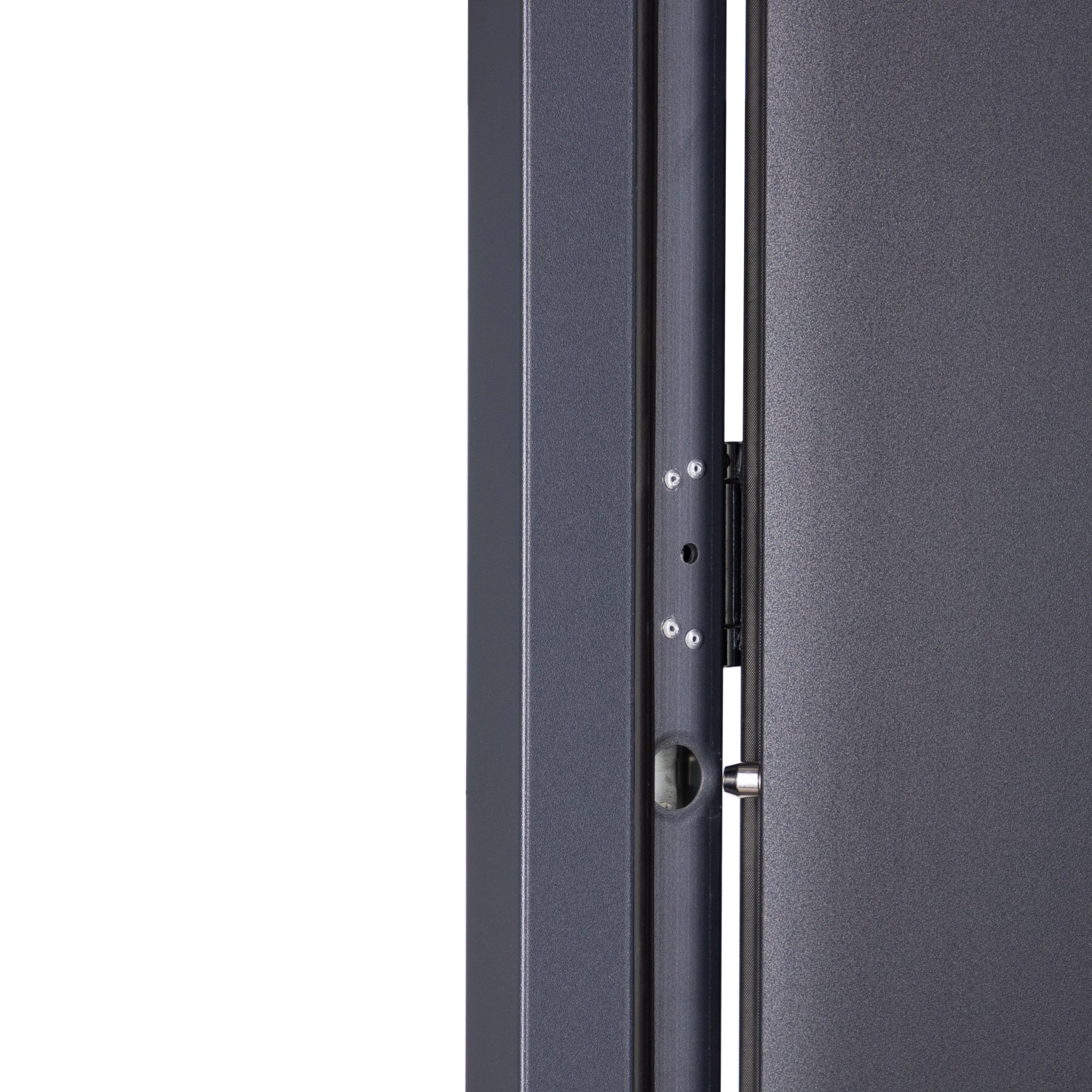 Detailaufnahme: Pordo Stahl-Nebeneingangstür G1 in Anthrazit, Anschlag links, Fokus auf Scharniere und Verriegelung.