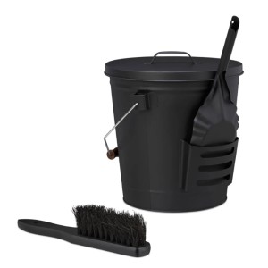 Valo Ascheeimer Set, 3-teilig, schwarz: Eimer mit Deckel, Schaufel und Besen für Kamin und Ofen.