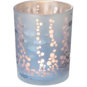 Blauer Teelichthalter aus Glas mit Fischmotiv, Ø 7,3 cm.