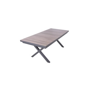 Ausziehbarer Gartentisch von Garden Pleasure, braun-graue Tischplatte, Aluminiumgestell.