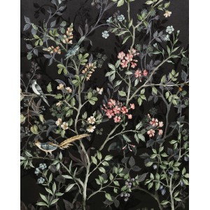 Komar Fototapete mit Blumen, Vögeln auf schwarzem Hintergrund, 200x250cm.