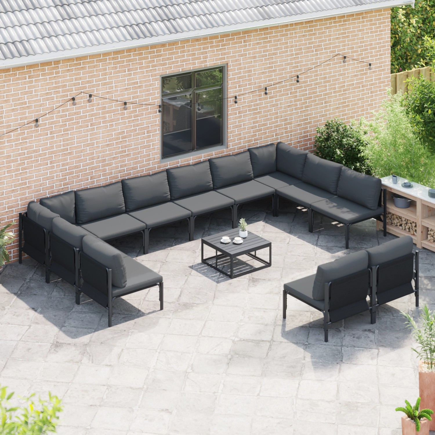 vidaXL Garten-Sofa-Set, 13-teilig, anthrazitfarbenes Stahl-Lounge-Set mit Tisch und Polstern.