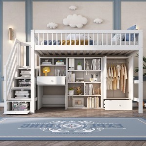 Merax Kinderbett 90 x 200 cm mit Schreibtisch Treppe Schrank Weiß
