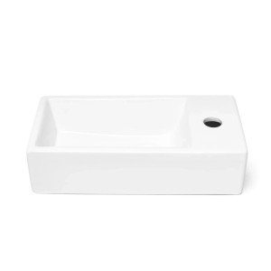 Kompaktes, weißes Keramik-Handwaschbecken 40,5x20,5cm, wandhängend, mit Hahnloch rechts. Ideal für Gäste-WC.