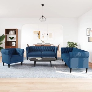 Blaue 3-teilige vidaXL Sofagarnitur aus Stoff, bestehend aus Sessel, 2- und 3-Sitzer Sofa.
