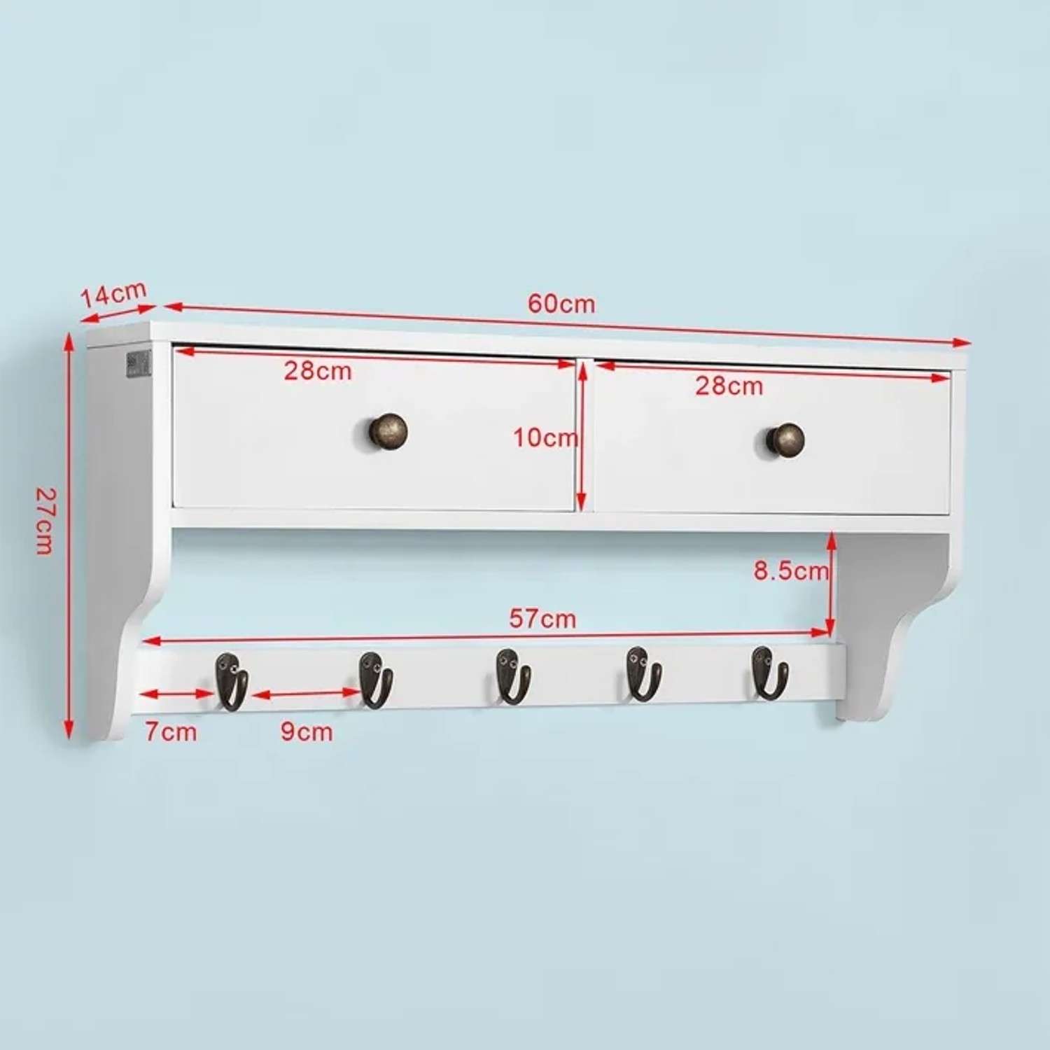Wandgarderobe Aus Kiefernholz Mit 4 Doppelhaken – Weiß, 40,6x12,7x10,2 Cm, Mit Ablage Für Flur, Bad, Schlafzimmer