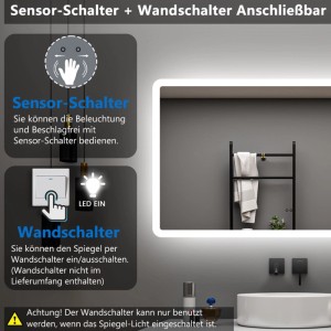 Aica Badspiegel 160x80 cm mit LED-Beleuchtung, Sensor- und Wandschalter, dimmbar, Kaltweiß.